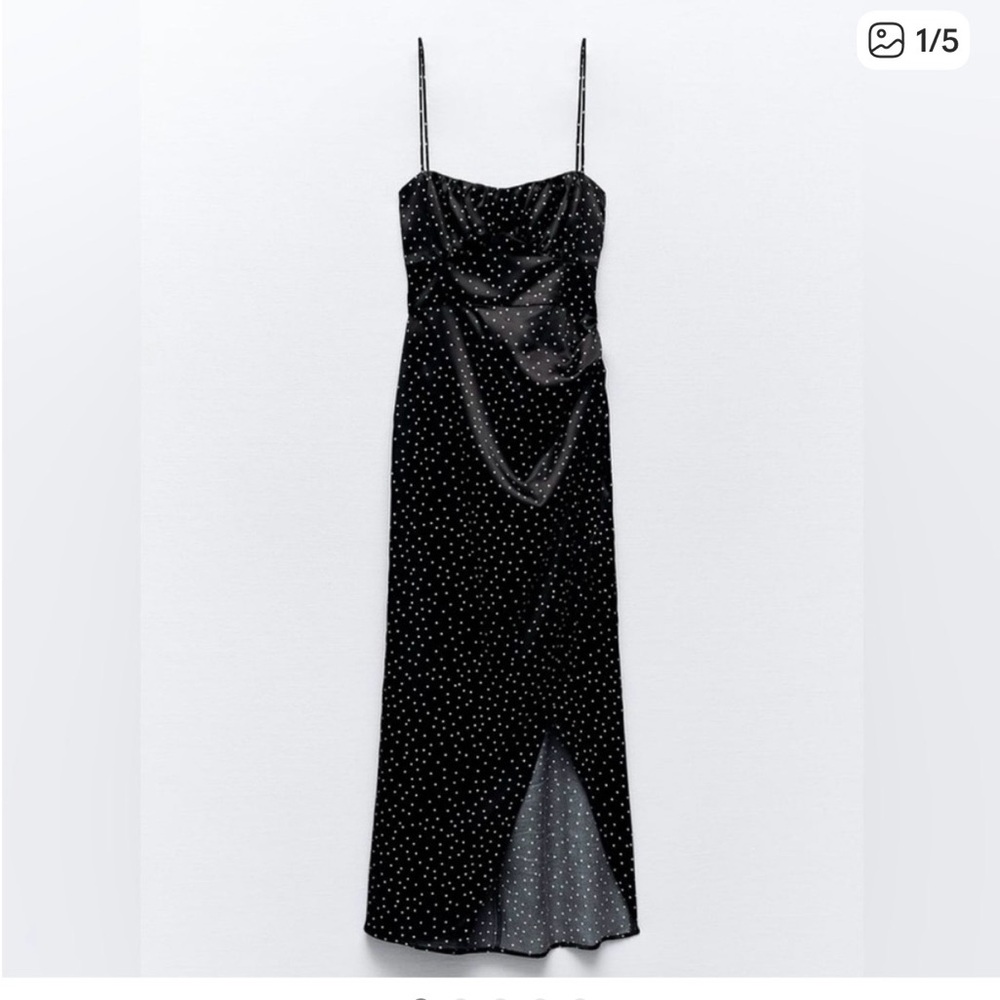 Zara Black Polka Dot Satin-Effect Midi Slip Dress size L